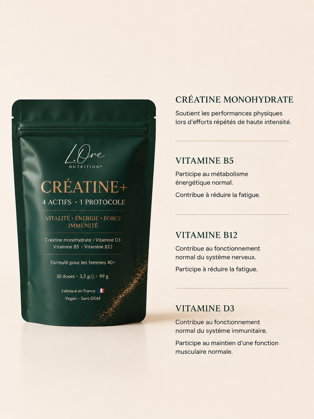 CRÉATINE+ et le détail de ses quatre actifs : créatine monohydrate, vitamines D3, B5 et B12.
