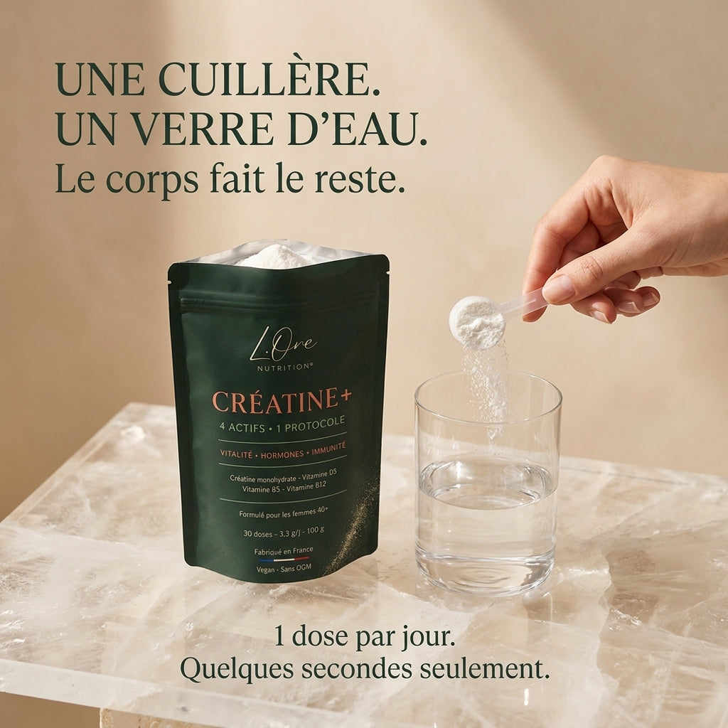 Une dose de CRÉATINE+ versée dans un verre d'eau, le geste quotidien.