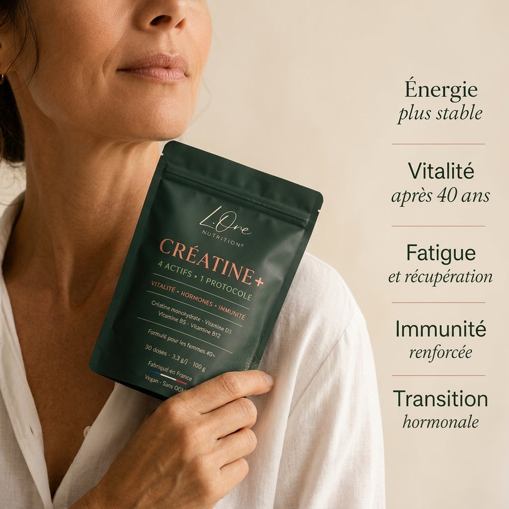Femme présentant CRÉATINE+, repères énergie, vitalité, immunité et transition hormonale.