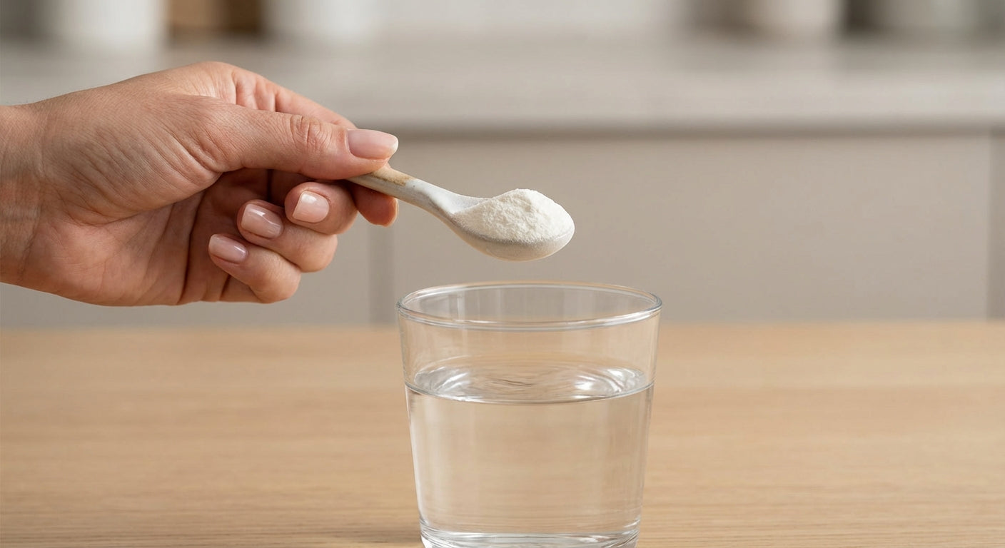 Cuillère doseuse en bois et créatine en poudre au-dessus d'un verre d'eau, geste quotidien du protocole CRÉATINE+.