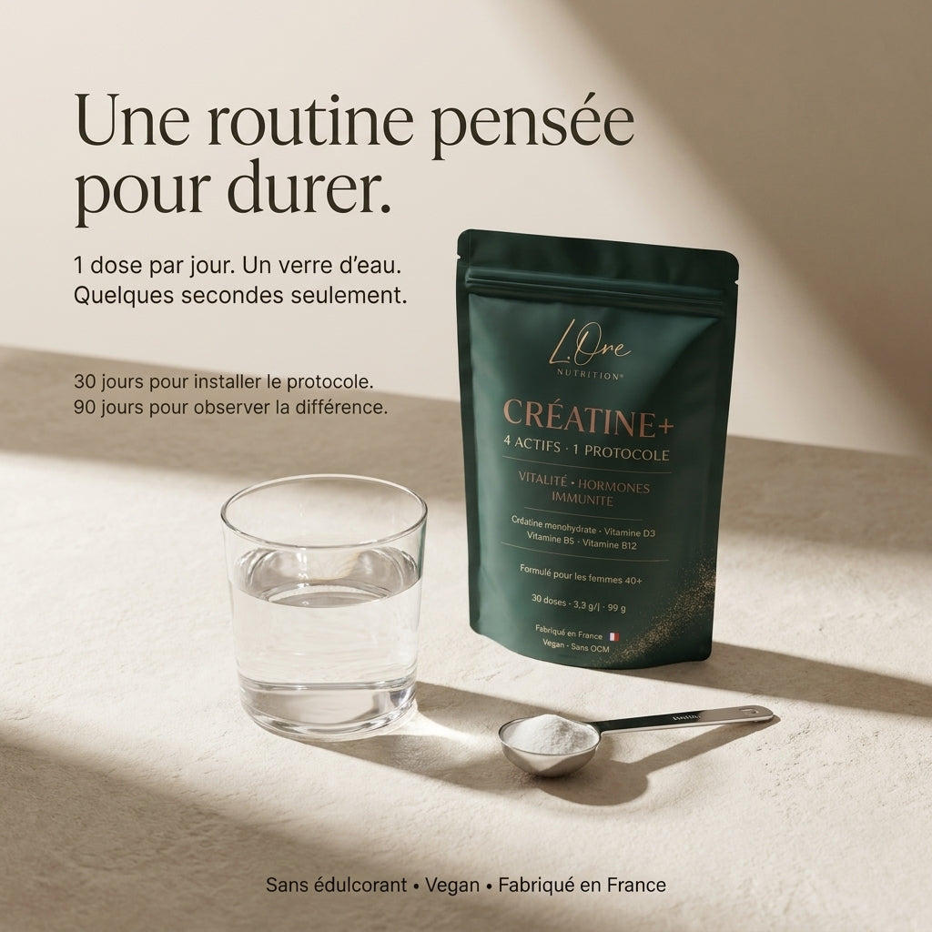 Doypack CRÉATINE+, cuillère doseuse et verre d'eau, la routine quotidienne.